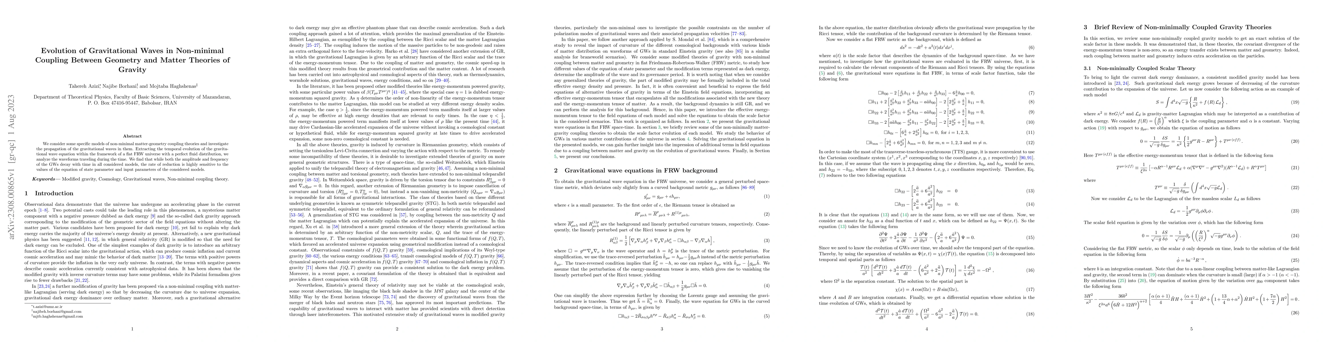Thumbnail for Evolution of Gravitational Waves in Non-minimal Coupling Between
  Geometry and Matter Theories of Gravity