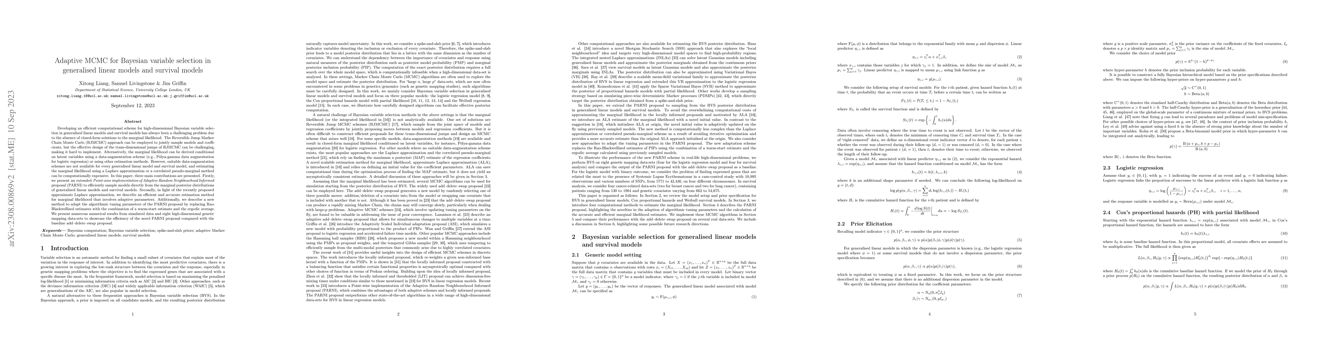 Thumbnail for Adaptive MCMC for Bayesian variable selection in generalised linear
  models and survival models