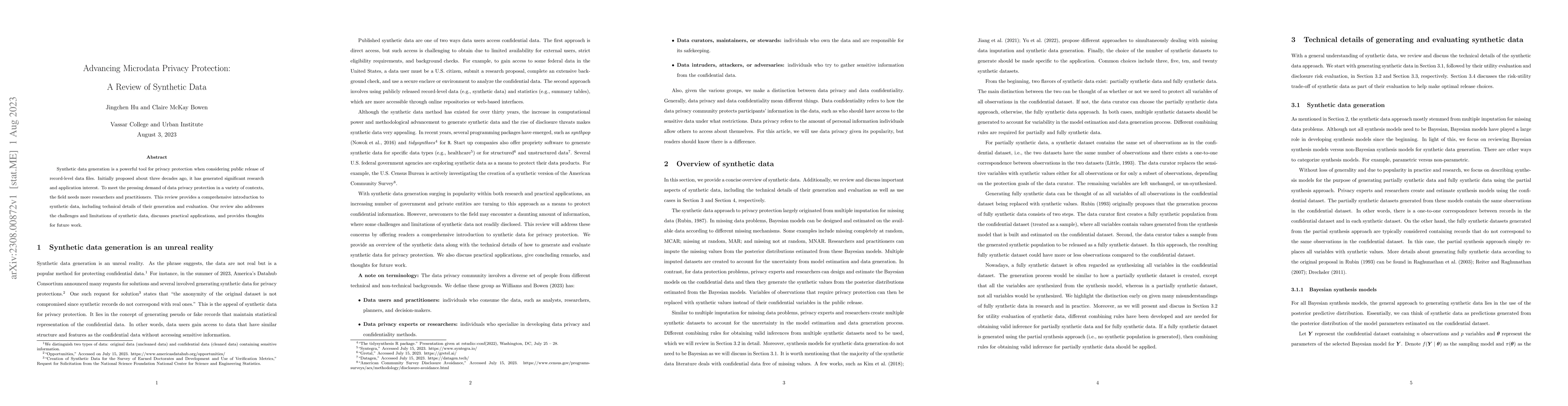 Thumbnail for Advancing Microdata Privacy Protection: A Review of Synthetic Data