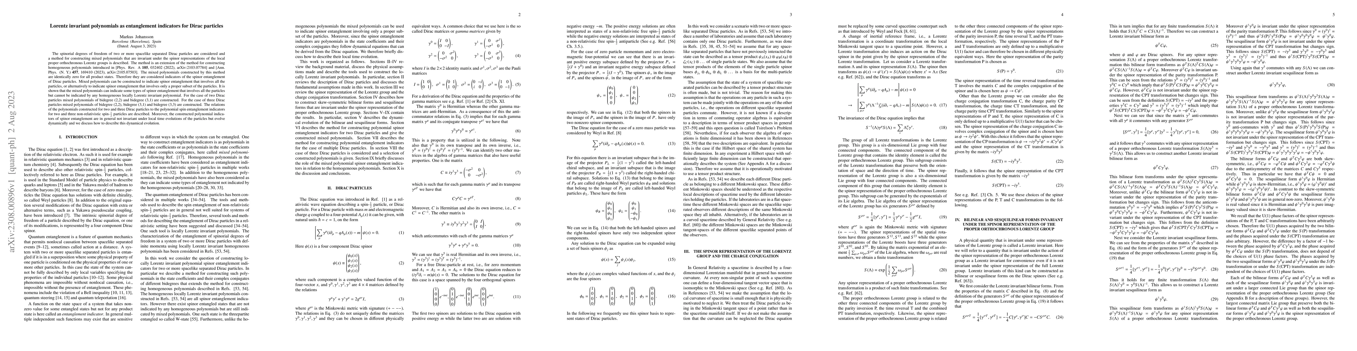 Thumbnail for Lorentz invariant polynomials as entanglement indicators for Dirac
  particles