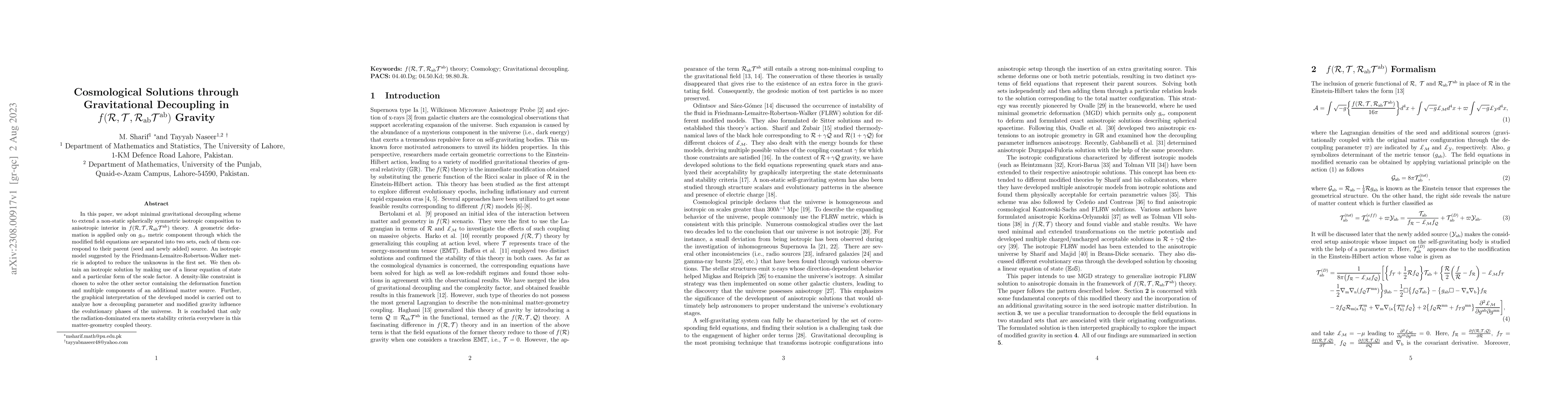 Thumbnail for Cosmological Solutions through Gravitational Decoupling in
  $f(\mathcal{R},\mathcal{T},\mathcal{R}_{\mathrm{a}\mathrm{b}}\mathcal{T}^{\mathrm{a}\mathrm{b}})$
  Gravity