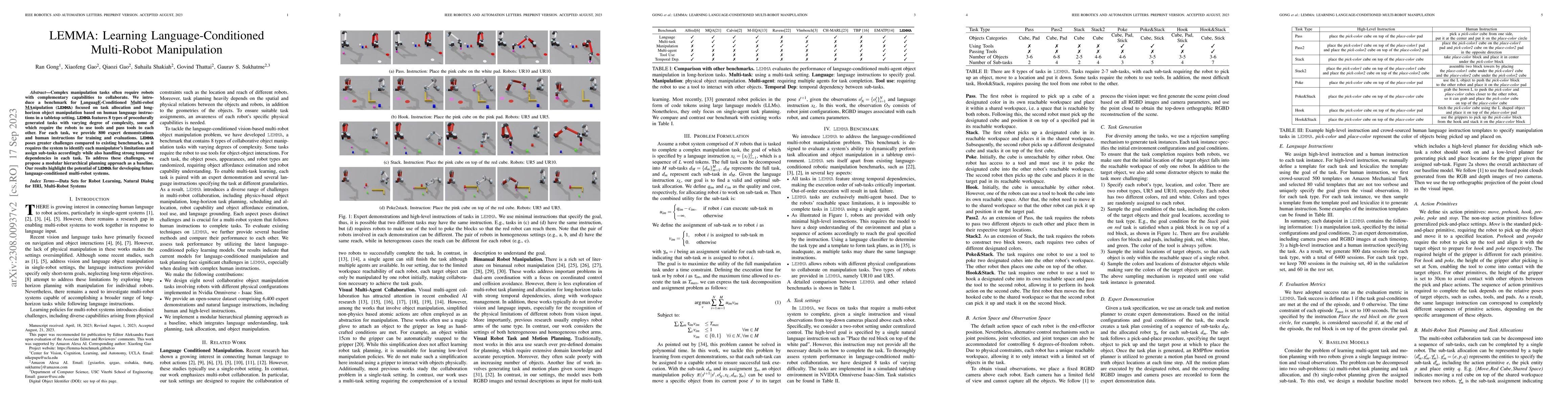 Thumbnail for LEMMA: Learning Language-Conditioned Multi-Robot Manipulation