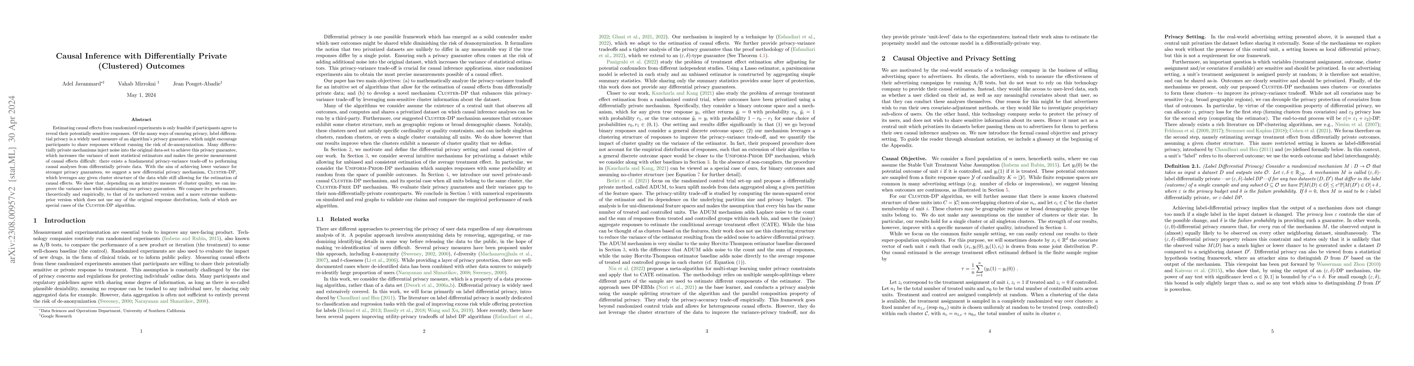 Thumbnail for Causal Inference with Differentially Private (Clustered) Outcomes