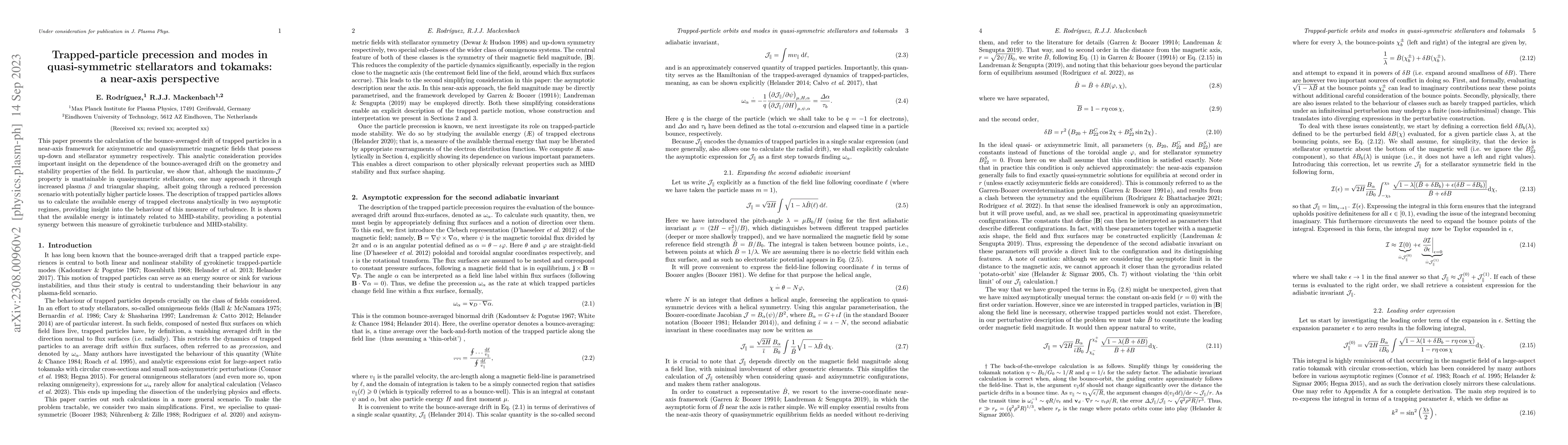 Thumbnail for Trapped-particle precession and modes in quasi-symmetric stellarators
  and tokamaks: a near-axis perspective