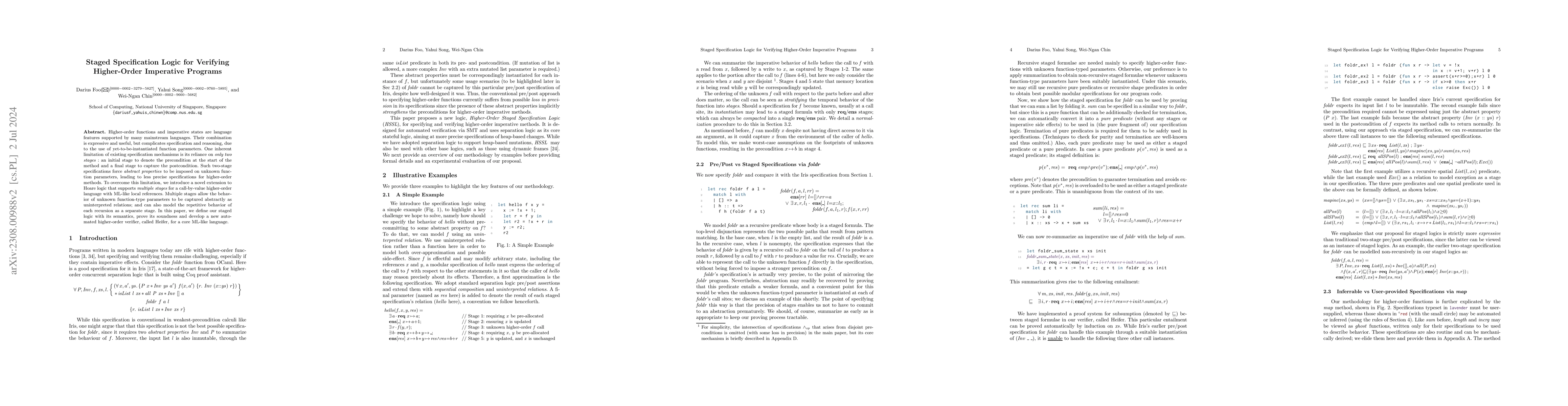 Thumbnail for Staged Specification Logic for Verifying Higher-Order Imperative
  Programs (Technical Report)