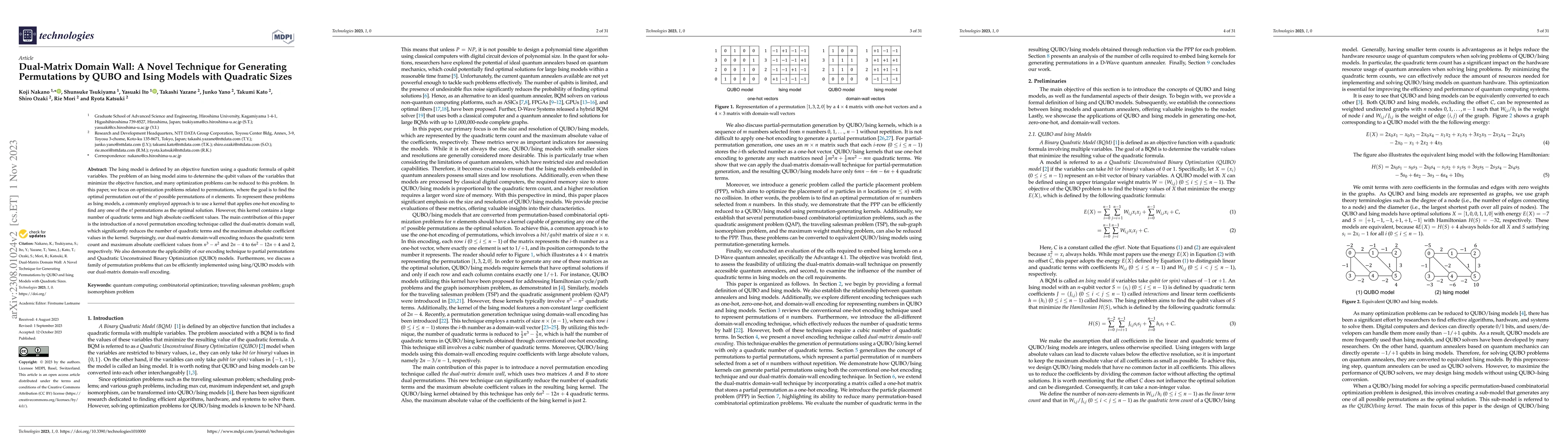 Thumbnail for Dual-Matrix Domain-Wall: A Novel Technique for Generating Permutations
  by QUBO and Ising Models with Quadratic Sizes