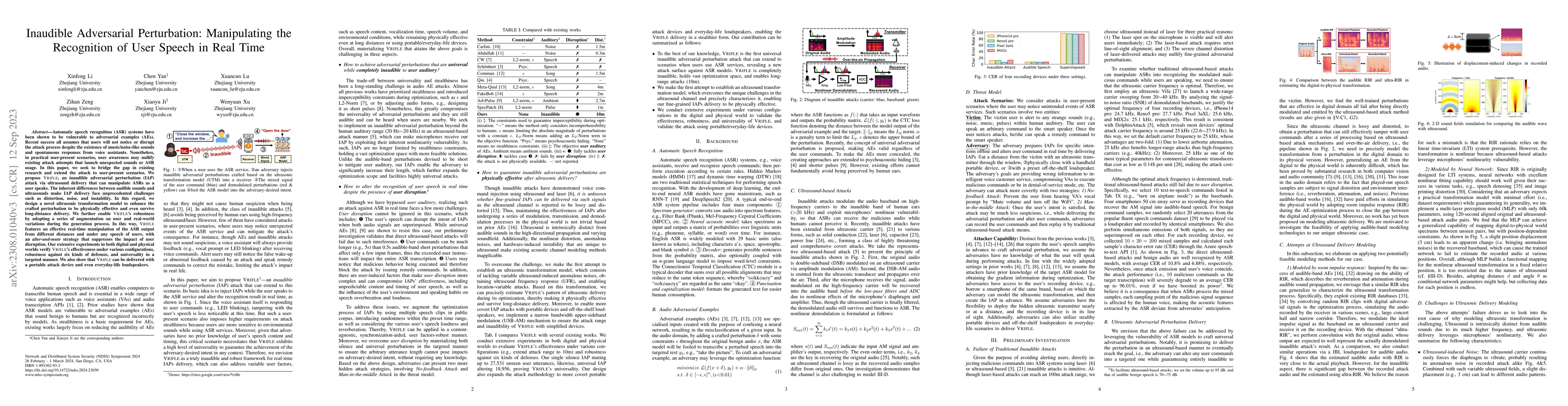 Thumbnail for Inaudible Adversarial Perturbation: Manipulating the Recognition of User
  Speech in Real Time