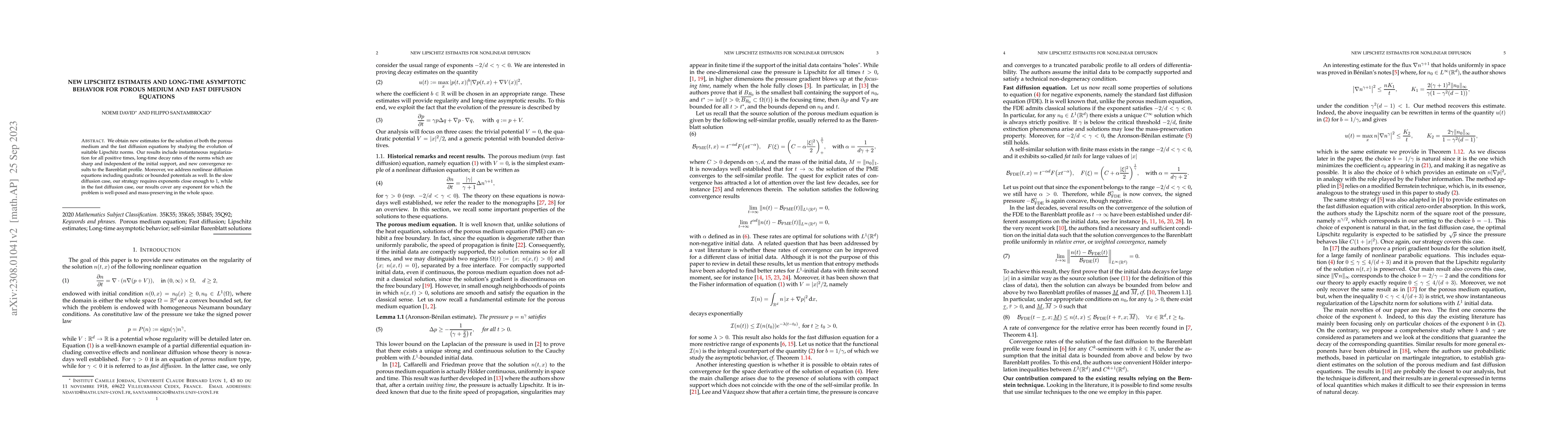 Thumbnail for New Lipschitz estimates and long-time asymptotic behavior for porous
  medium and fast diffusion equations