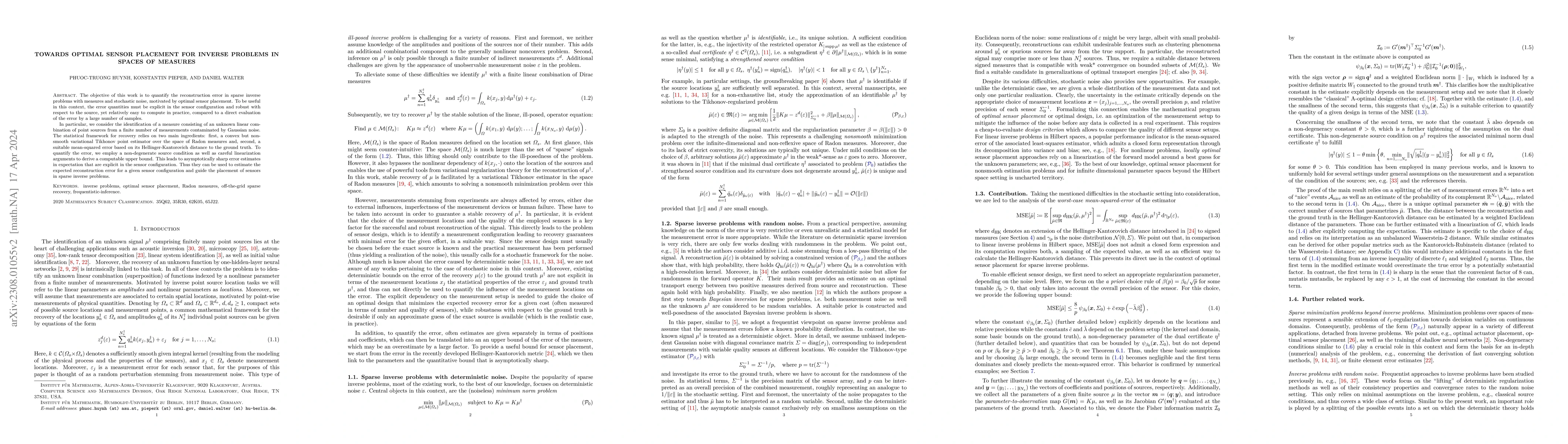 Thumbnail for Towards optimal sensor placement for inverse problems in spaces of
  measures