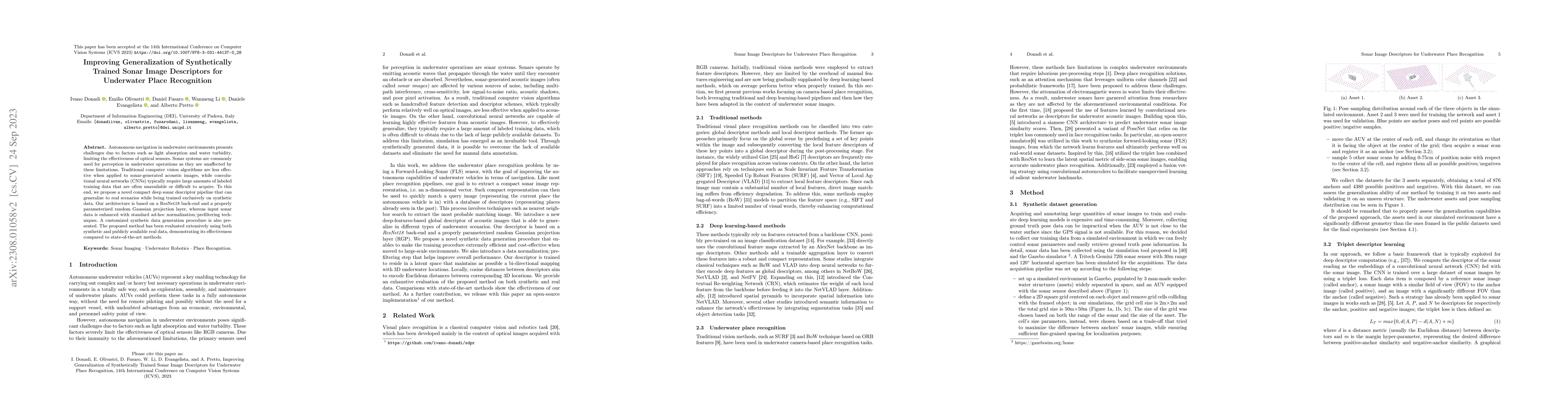 Thumbnail for Improving Generalization of Synthetically Trained Sonar Image
  Descriptors for Underwater Place Recognition