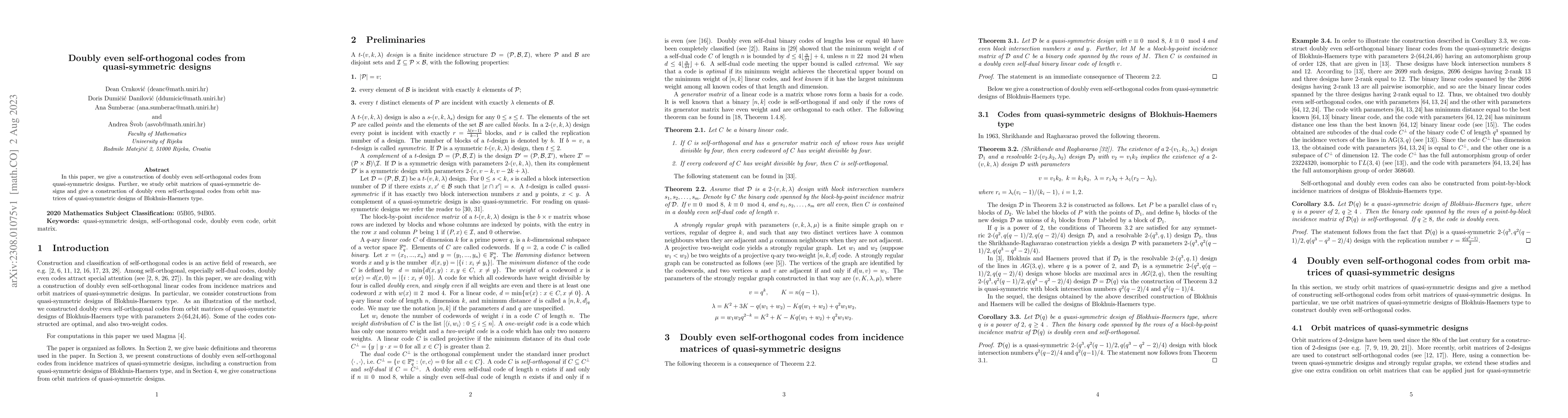 Thumbnail for Doubly even self-orthogonal codes from quasi-symmetric designs