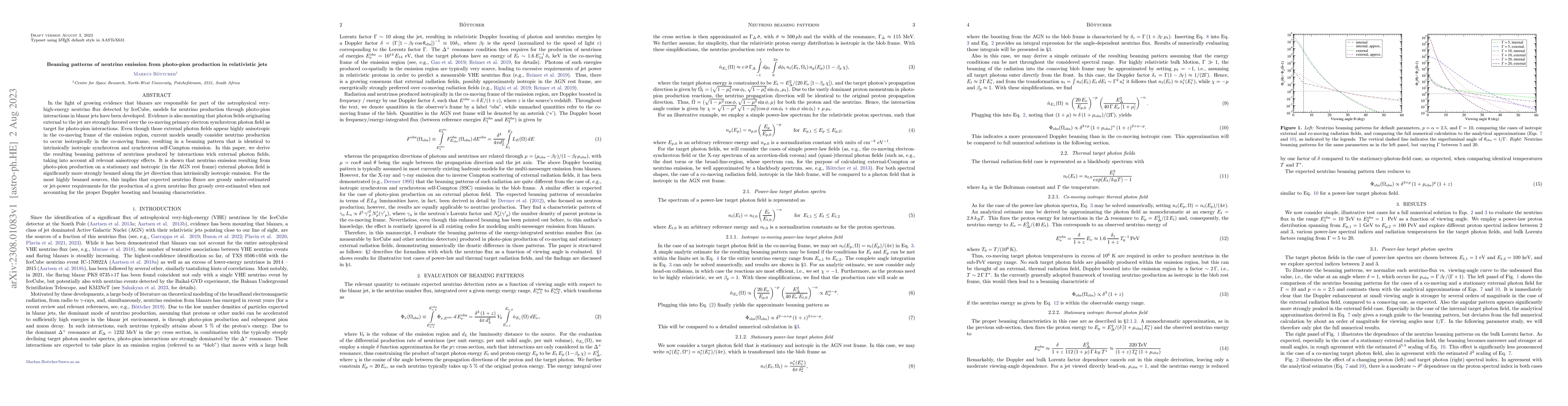 Thumbnail for Beaming patterns of neutrino emission from photo-pion production in
  relativistic jets