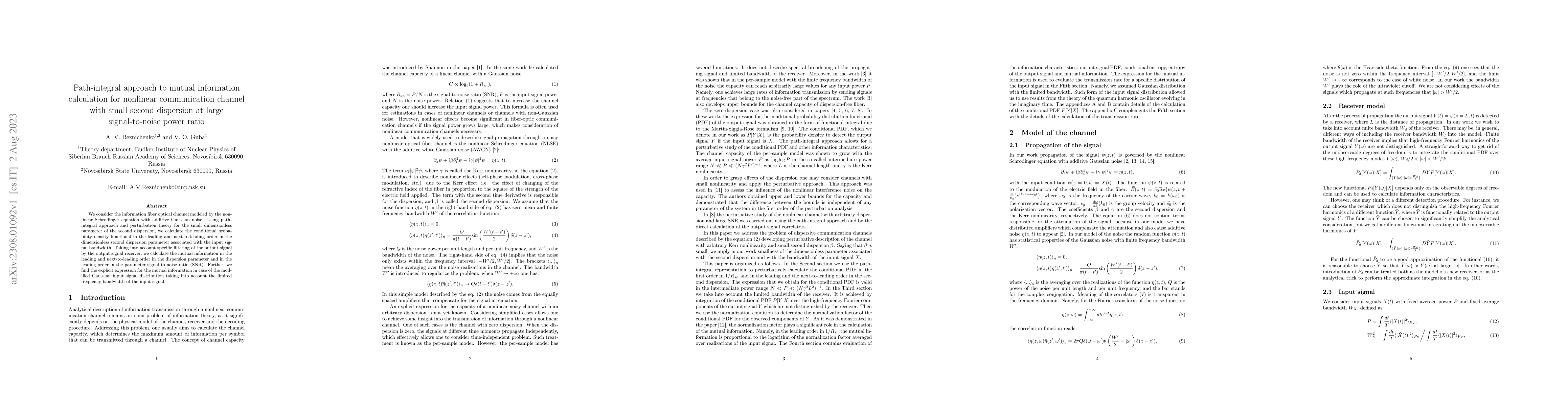 Thumbnail for Path-integral approach to mutual information calculation for nonlinear
  communication channel with small second dispersion at large signal-to-noise
  power ratio