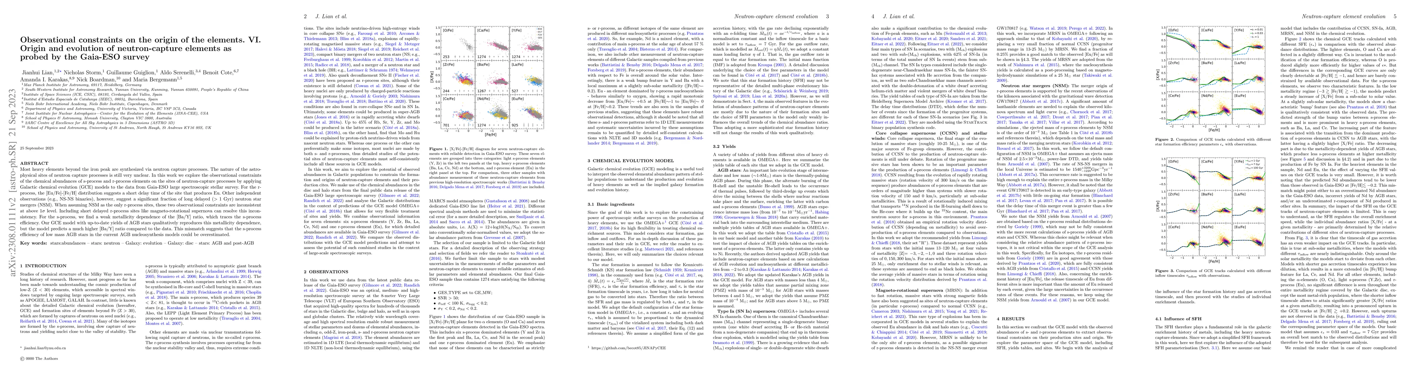 Thumbnail for Observational constraints on the origin of the elements. VI. Origin and
  evolution of neutron-capture elements as probed by the Gaia-ESO survey