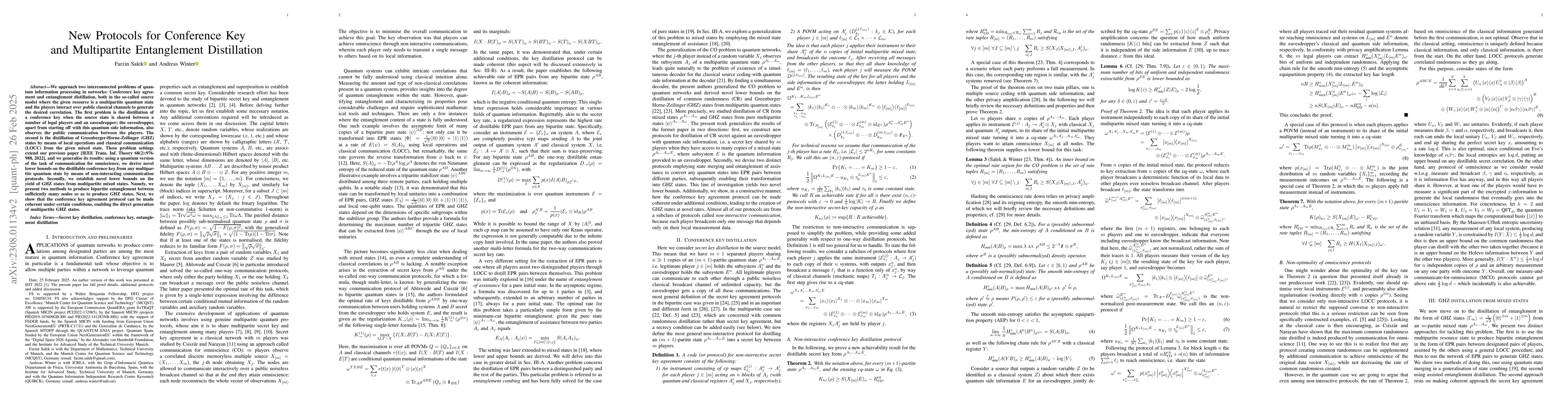 Thumbnail for New Protocols for Conference Key and Multipartite Entanglement
  Distillation