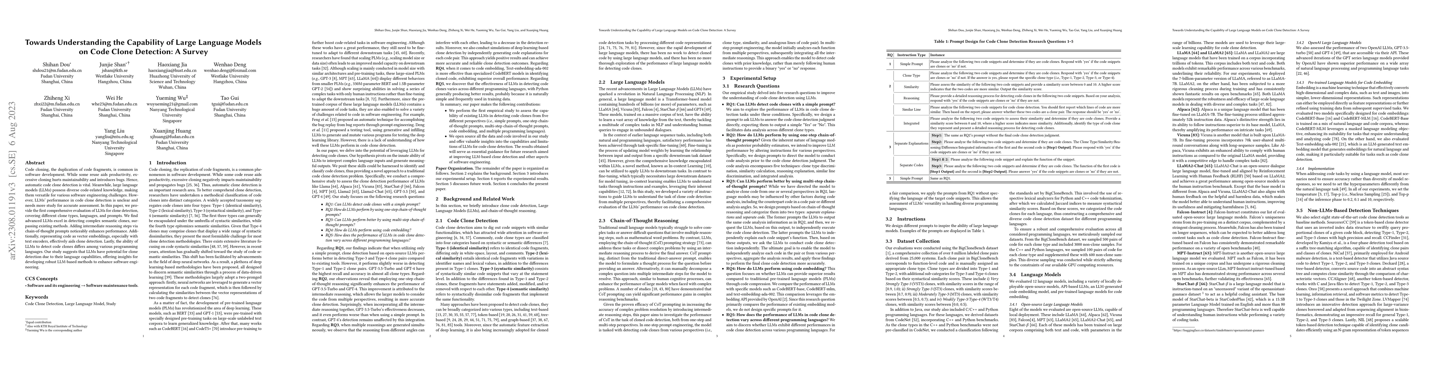Thumbnail for Towards Understanding the Capability of Large Language Models on Code
  Clone Detection: A Survey