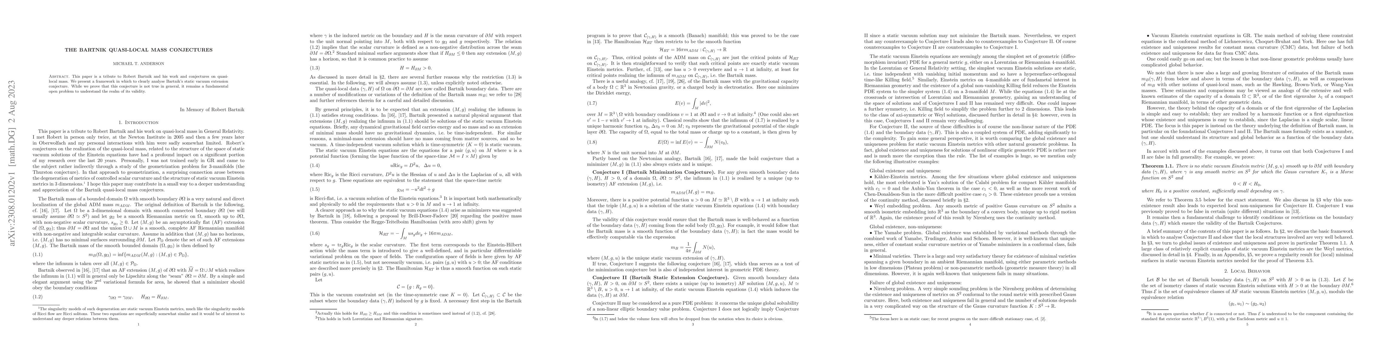 Thumbnail for The Bartnik quasi-local mass conjectures