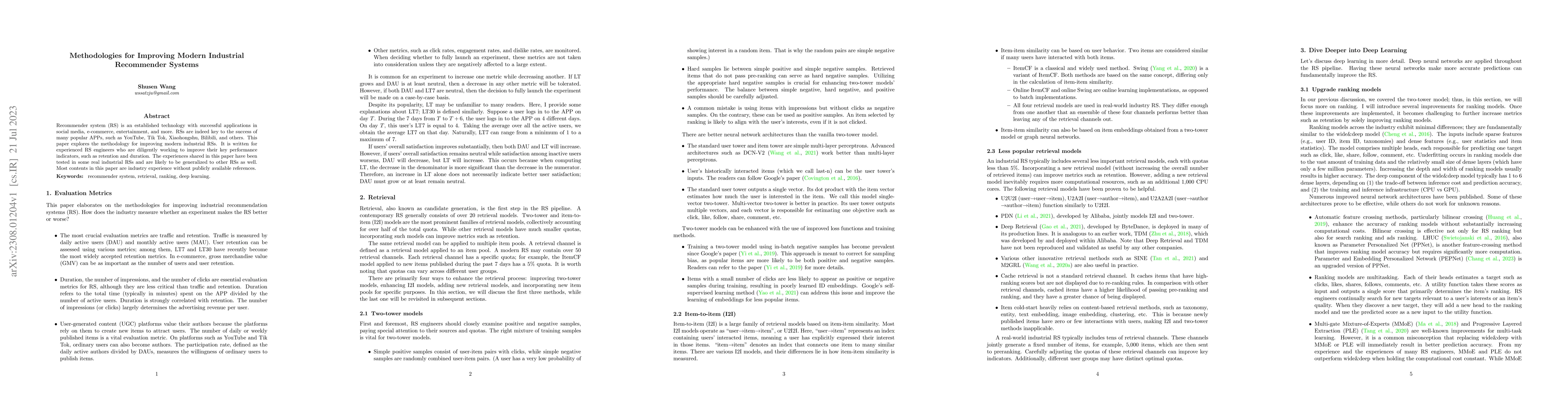 Thumbnail for Methodologies for Improving Modern Industrial Recommender Systems
