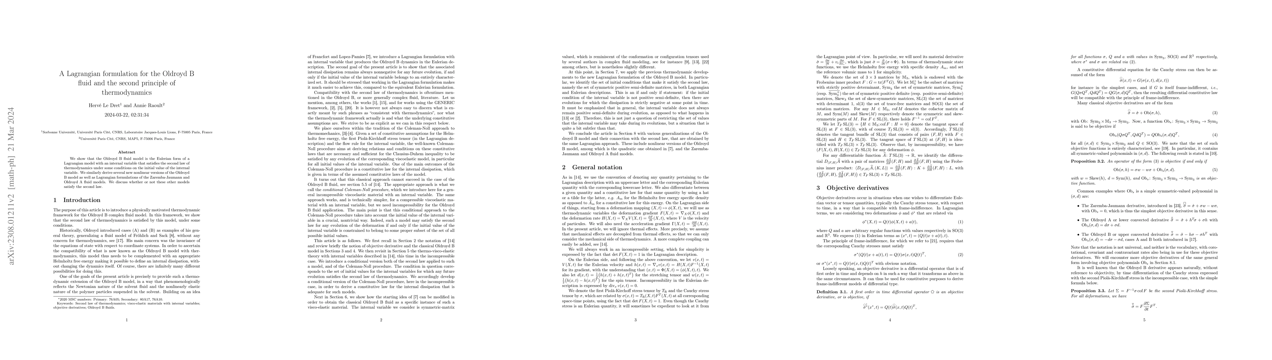 Thumbnail for A Lagrangian formulation for the Oldroyd B fluid and the second
  principle of thermodynamics