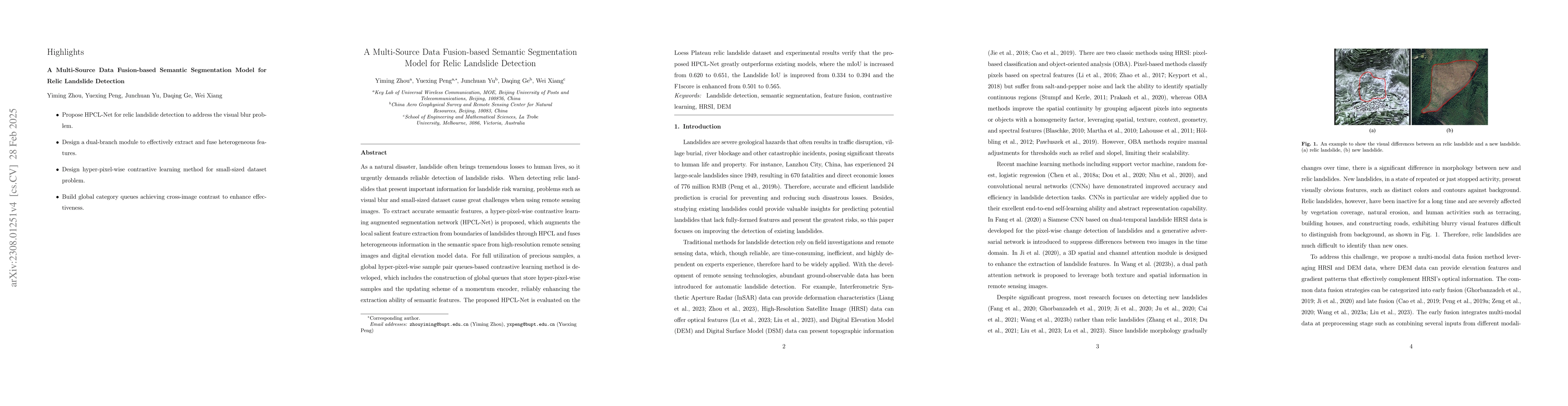 Thumbnail for Hyper-pixel-wise Contrastive Learning Augmented Segmentation Network for
  Old Landslide Detection through Fusing High-Resolution Remote Sensing Images
  and Digital Elevation Model Data