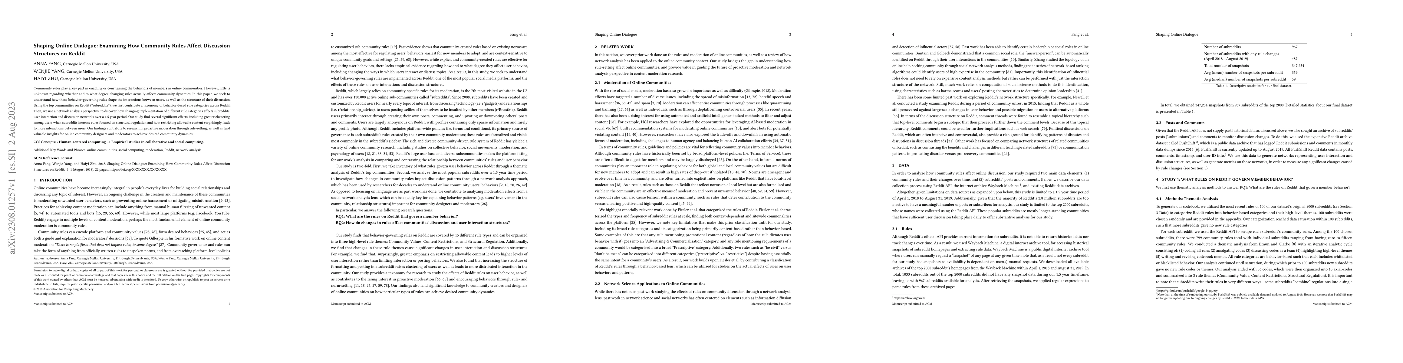 Thumbnail for Shaping Online Dialogue: Examining How Community Rules Affect Discussion
  Structures on Reddit