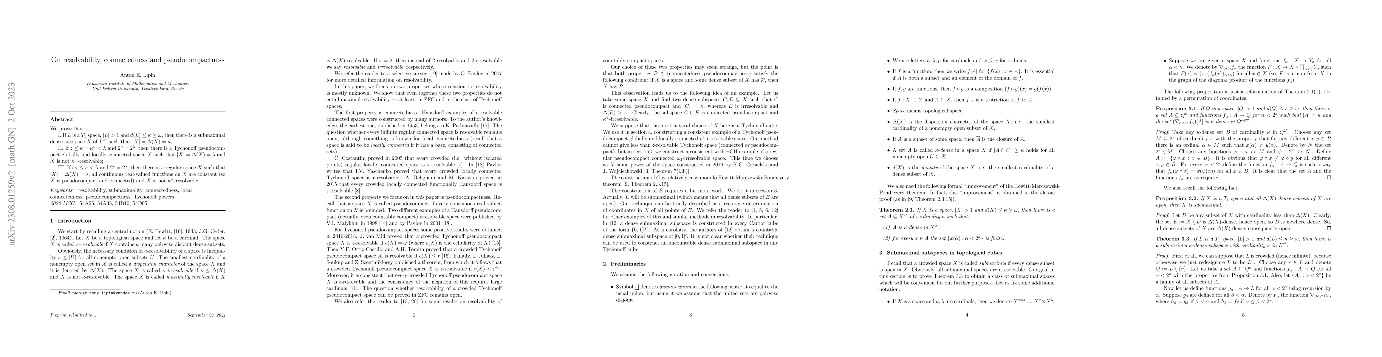 Thumbnail for On resolvability, connectedness and pseudocompactness
