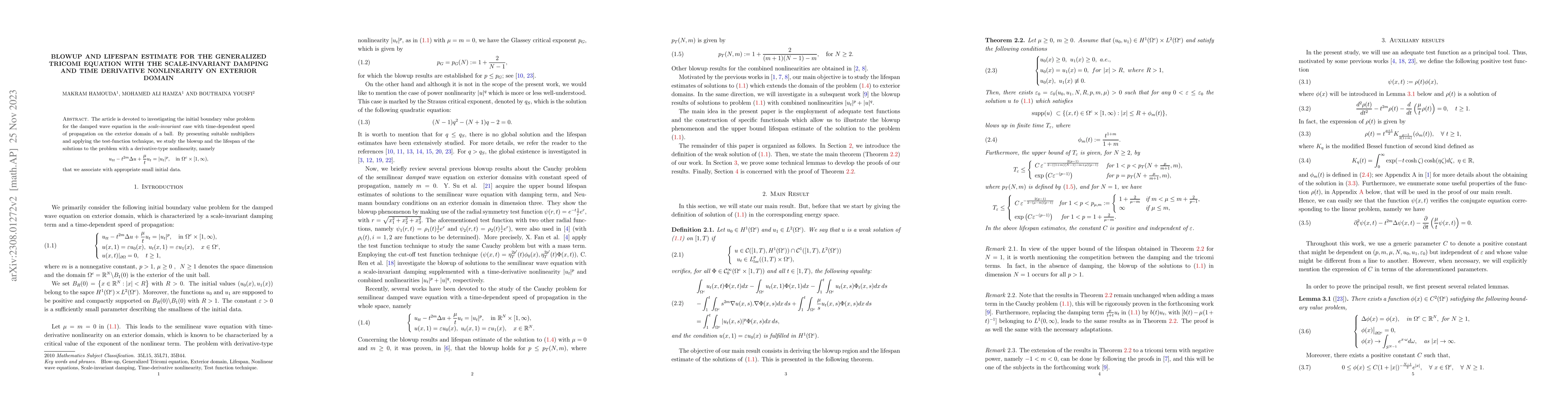 Thumbnail for Blow-up and lifespan estimate for the generalized tricomi equation with
  the scale-invariant damping and time derivative nonlinearity on exterior
  domain
