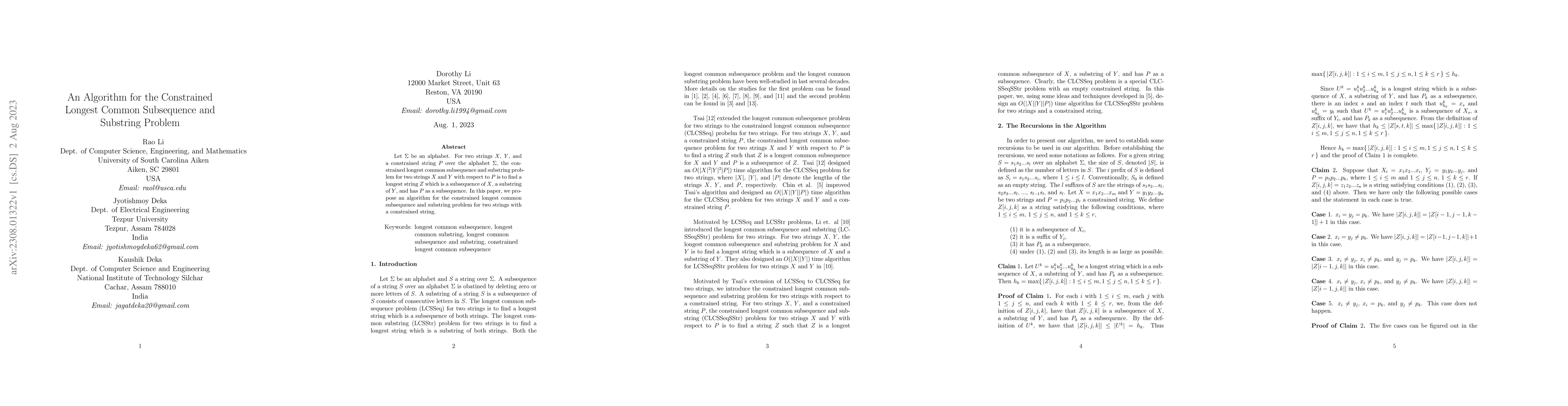 Thumbnail for An Algorithm for the Constrained Longest Common Subsequence and
  Substring Problem