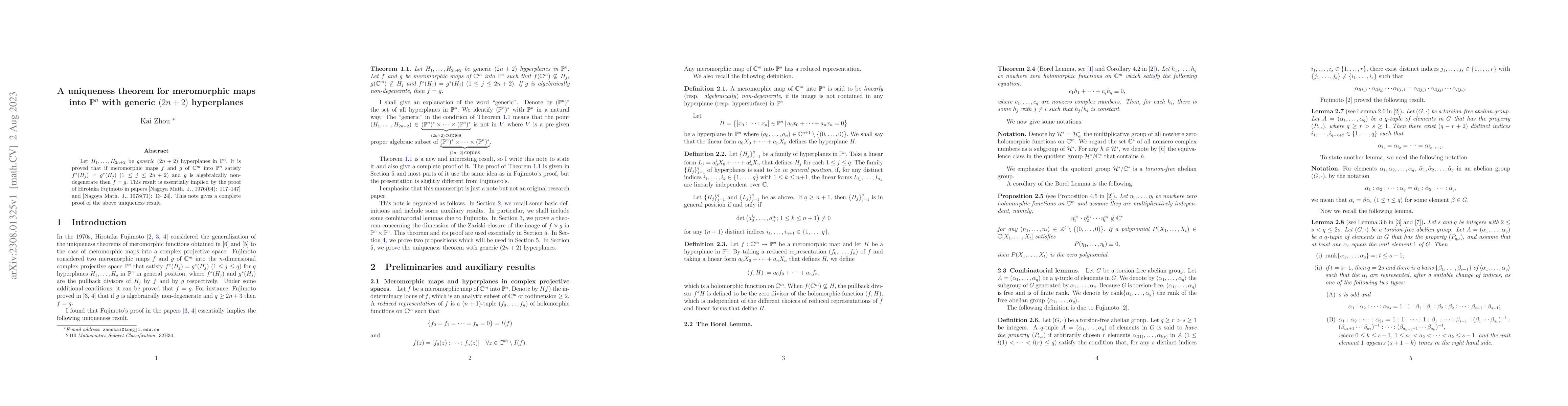 Thumbnail for A uniqueness theorem for meromorphic maps into $\mathbb{P}^n$ with
  generic $(2n+2)$ hyperplanes