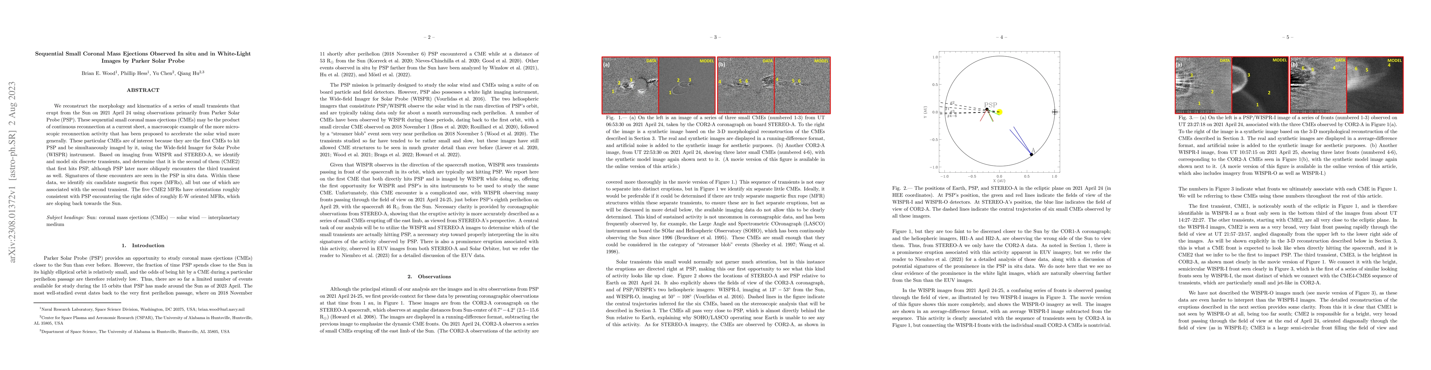 Thumbnail for Sequential Small Coronal Mass Ejections Observed In~situ and in
  White-Light Images by Parker Solar Probe