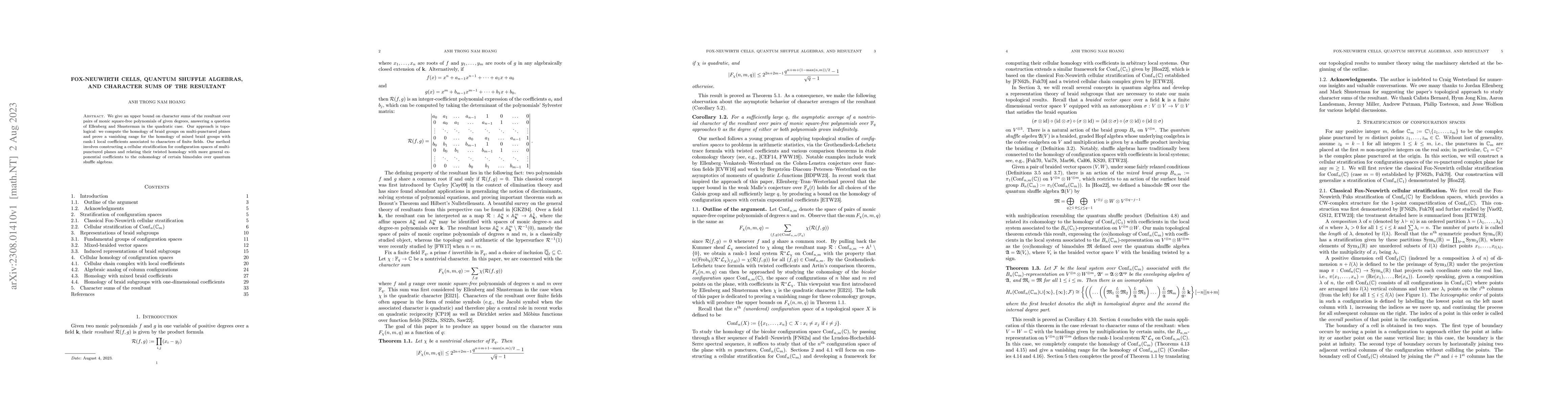 Thumbnail for Fox-Neuwirth cells, quantum shuffle algebras, and character sums of the
  resultant