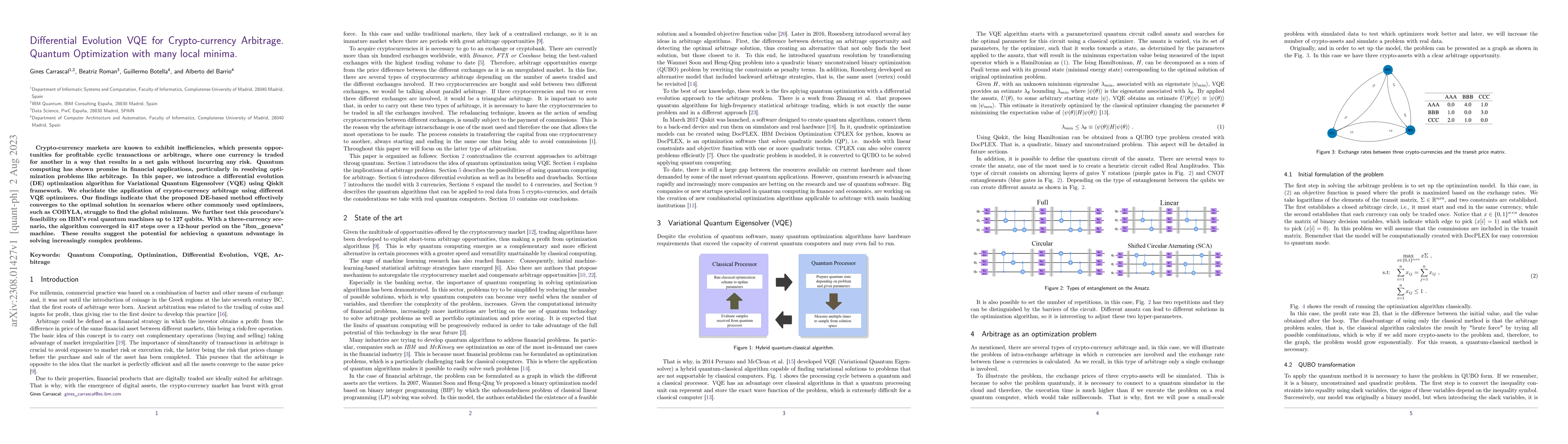 Thumbnail for Differential Evolution VQE for Crypto-currency Arbitrage. Quantum
  Optimization with many local minima