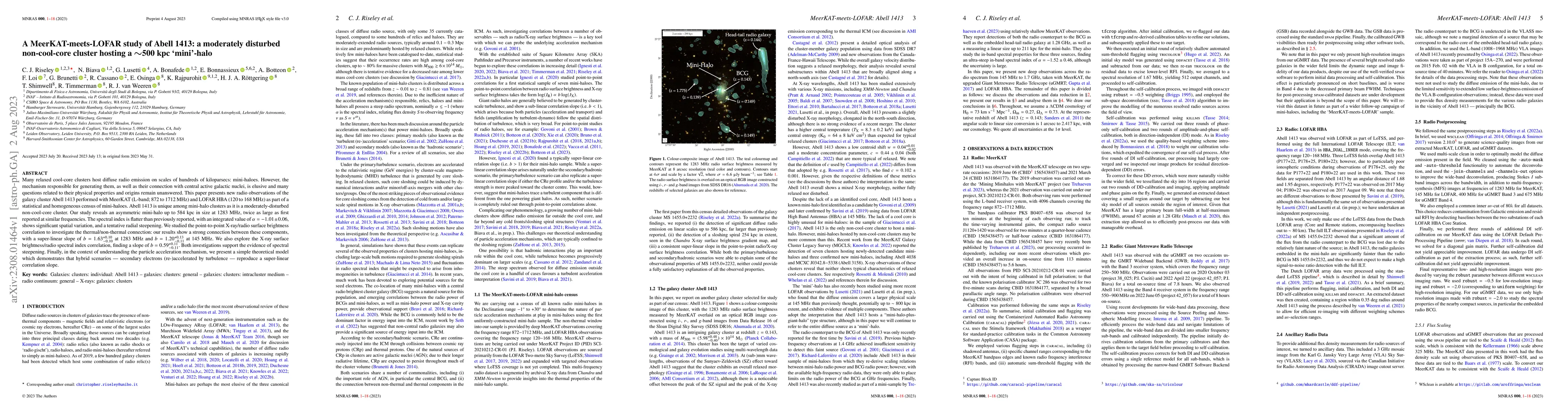 Thumbnail for A MeerKAT-meets-LOFAR study of Abell 1413: a moderately disturbed
  non-cool-core cluster hosting a $\sim 500$ kpc 'mini'-halo