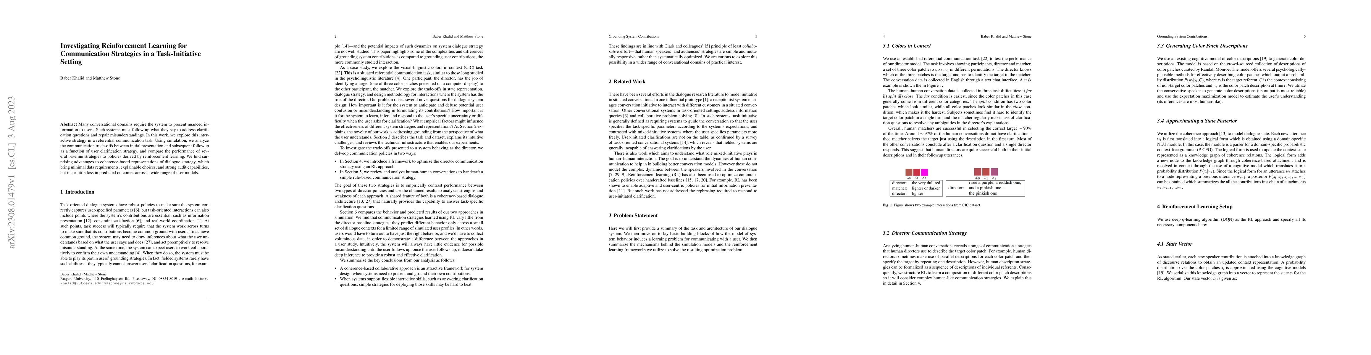 Thumbnail for Investigating Reinforcement Learning for Communication Strategies in a
  Task-Initiative Setting