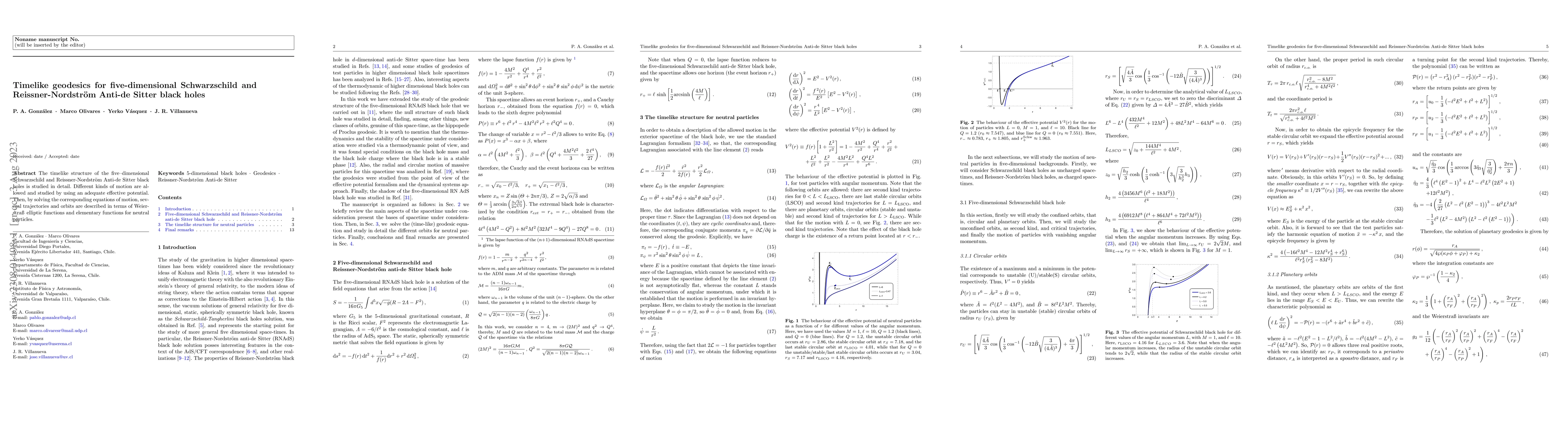 Thumbnail for Timelike geodesics for five-dimensional Schwarzschild and
  Reissner-Nordstr\"om Anti-de Sitter black holes