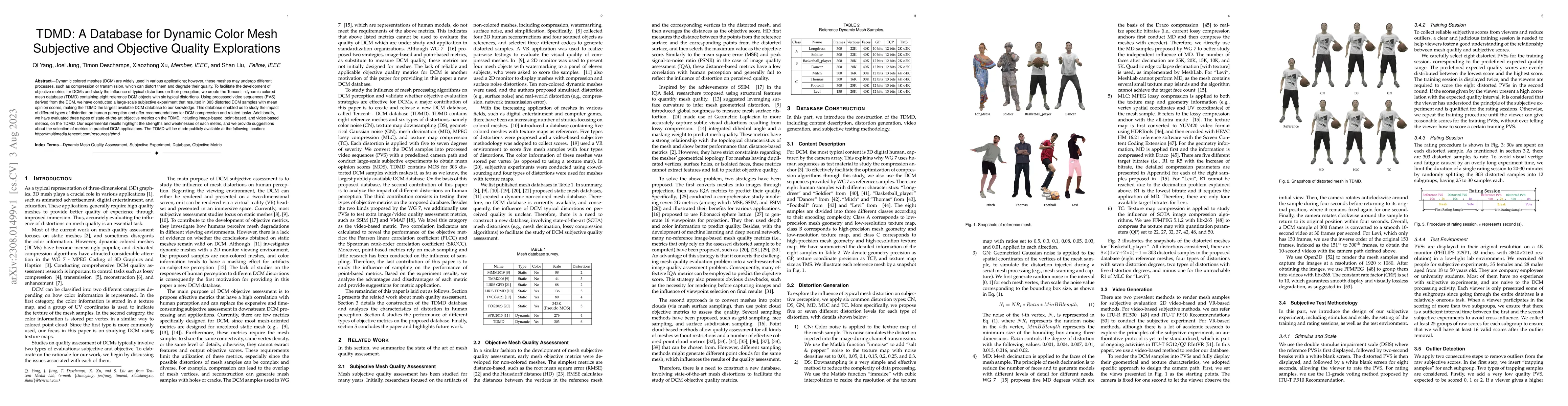 Thumbnail for TDMD: A Database for Dynamic Color Mesh Subjective and Objective Quality
  Explorations