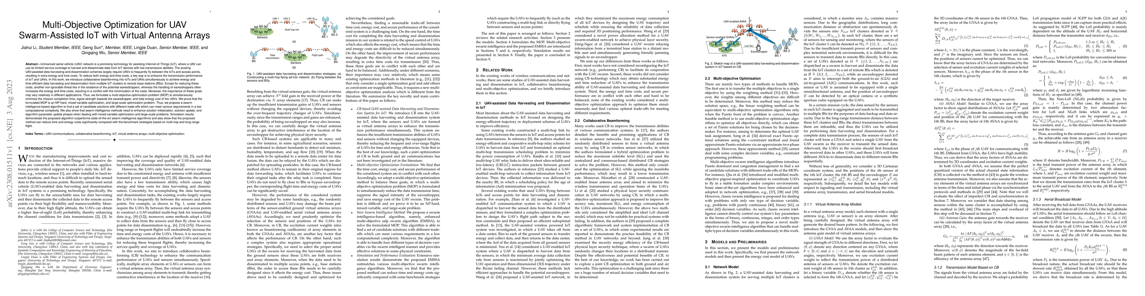 Thumbnail for Multi-Objective Optimization for UAV Swarm-Assisted IoT with Virtual
  Antenna Arrays