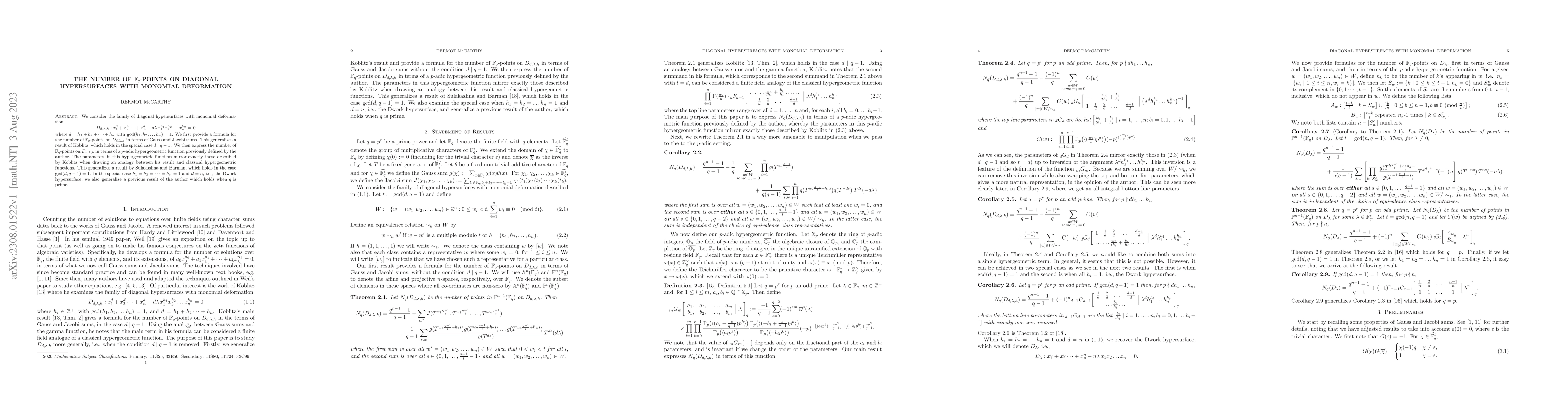 Thumbnail for The number of $\mathbb{F}_q$-points on diagonal hypersurfaces with
  monomial deformation