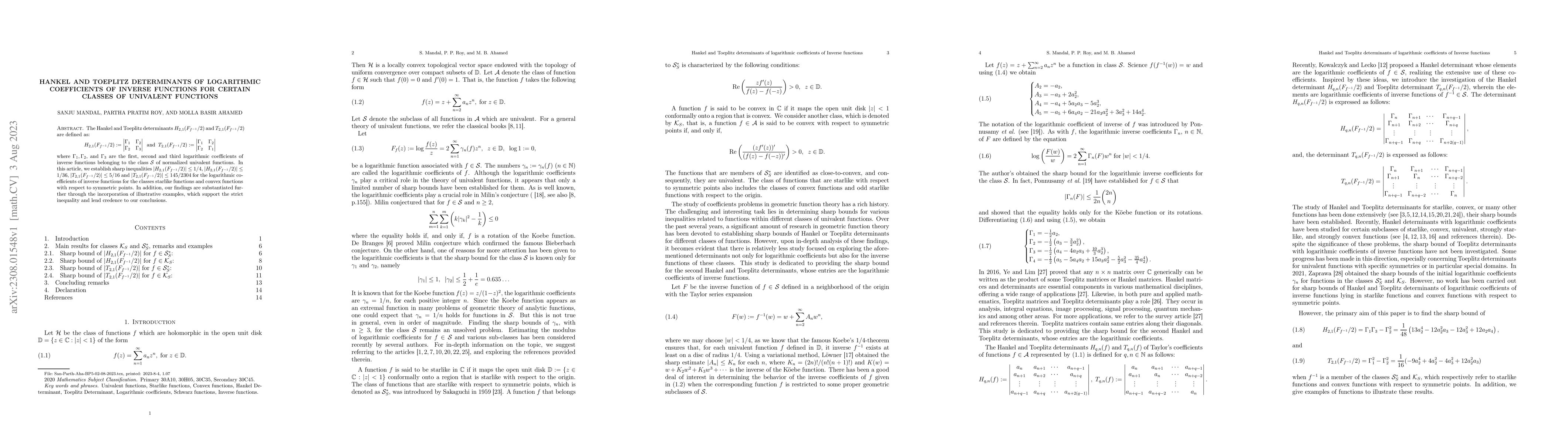 Thumbnail for Hankel and Toeplitz determinants of logarithmic coefficients of Inverse
  functions for certain classes of univalent functions