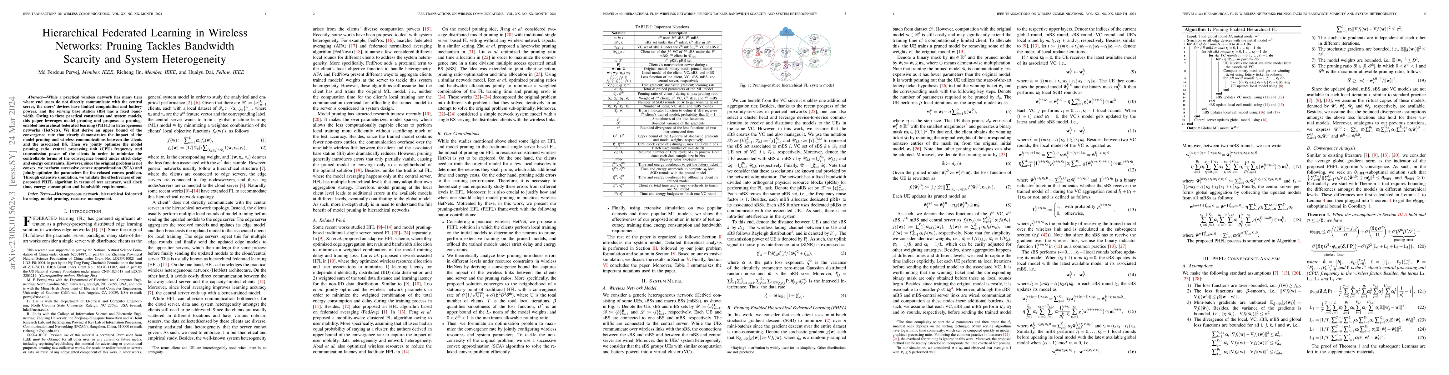 Thumbnail for Hierarchical Federated Learning in Wireless Networks: Pruning Tackles
  Bandwidth Scarcity and System Heterogeneity