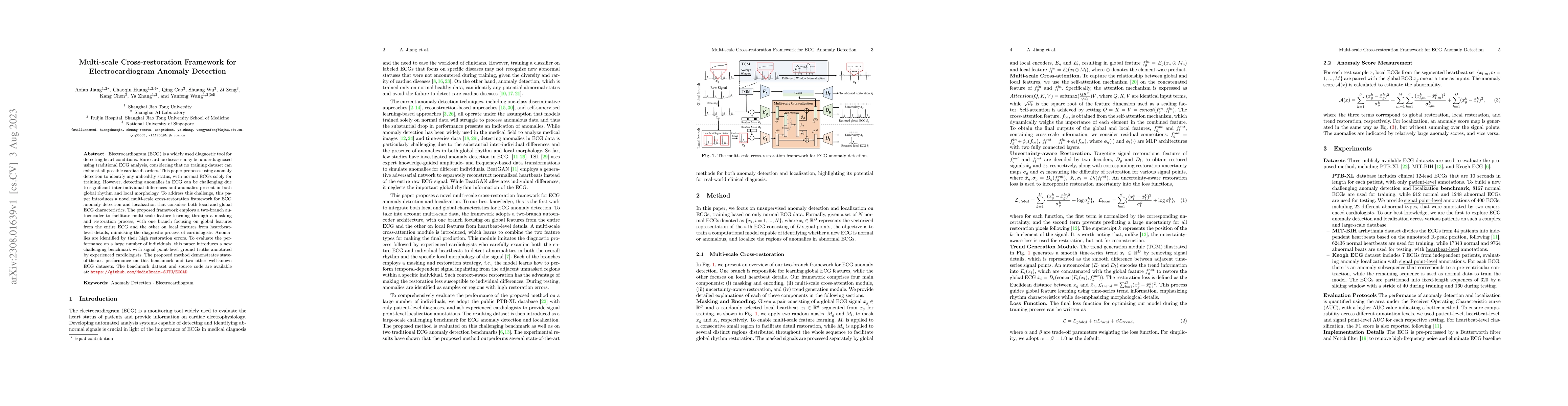 Thumbnail for Multi-scale Cross-restoration Framework for Electrocardiogram Anomaly
  Detection