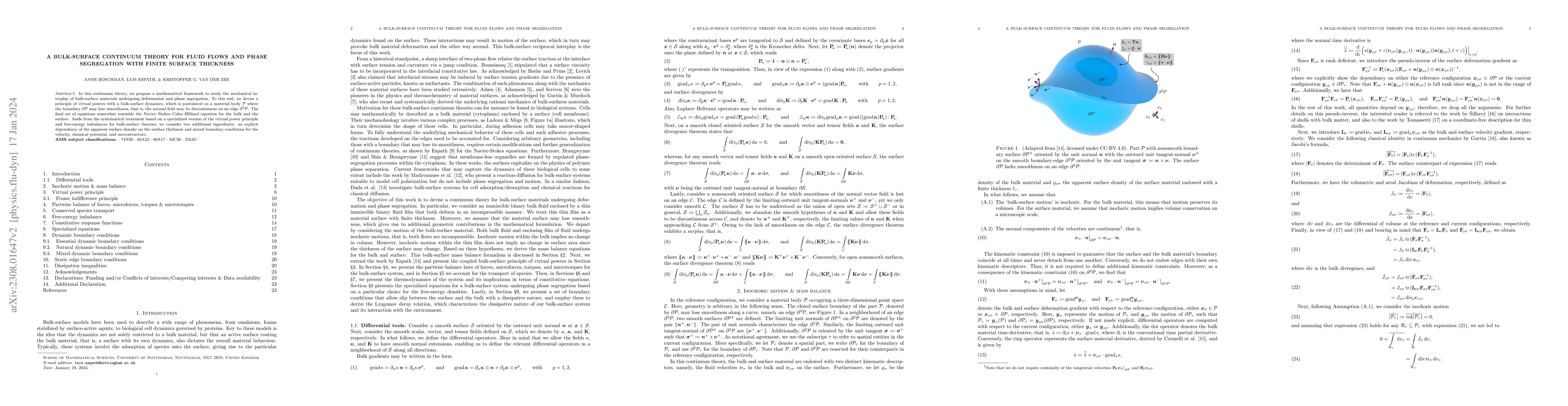 Thumbnail for A bulk-surface continuum theory for fluid flows and phase segregation
  with finite surface thickness