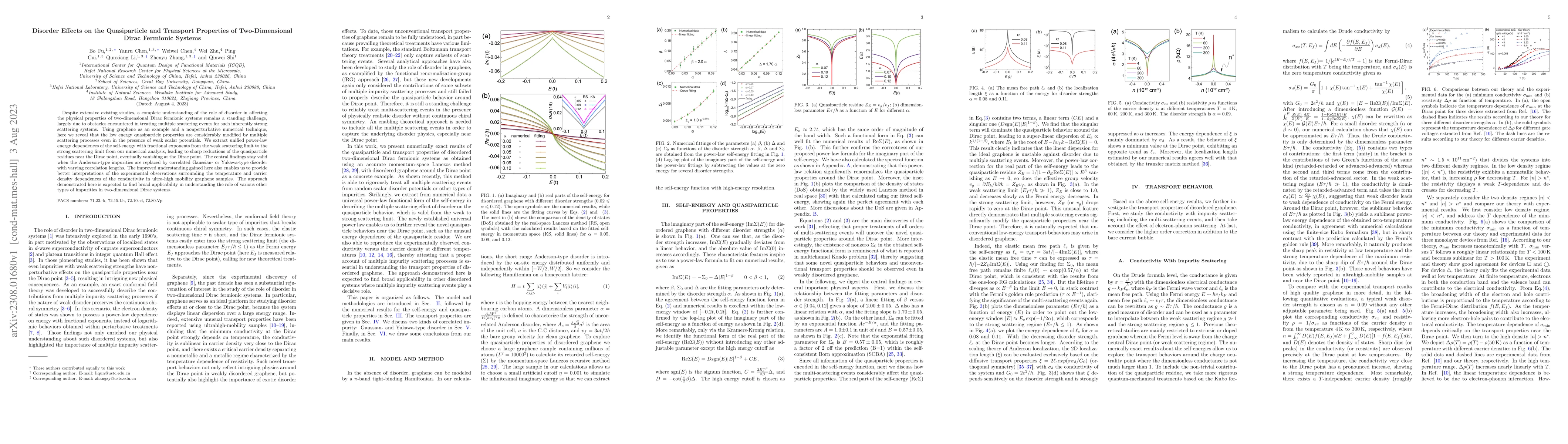 Thumbnail for Disorder Effects on the Quasiparticle and Transport Properties of
  Two-Dimensional Dirac Fermionic Systems