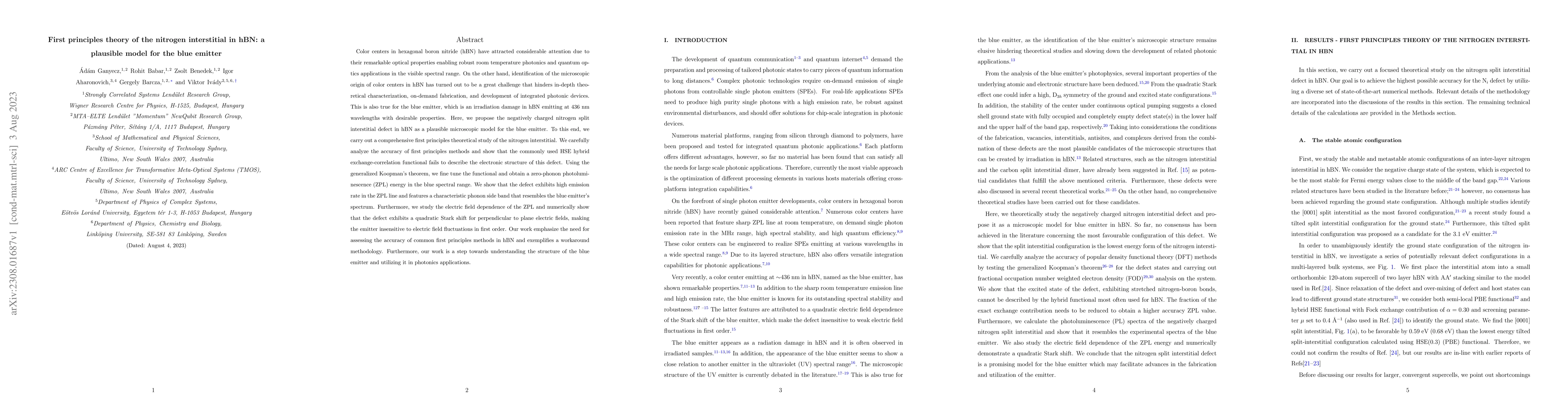 Thumbnail for First principles theory of the nitrogen interstitial in hBN: a plausible
  model for the blue emitter