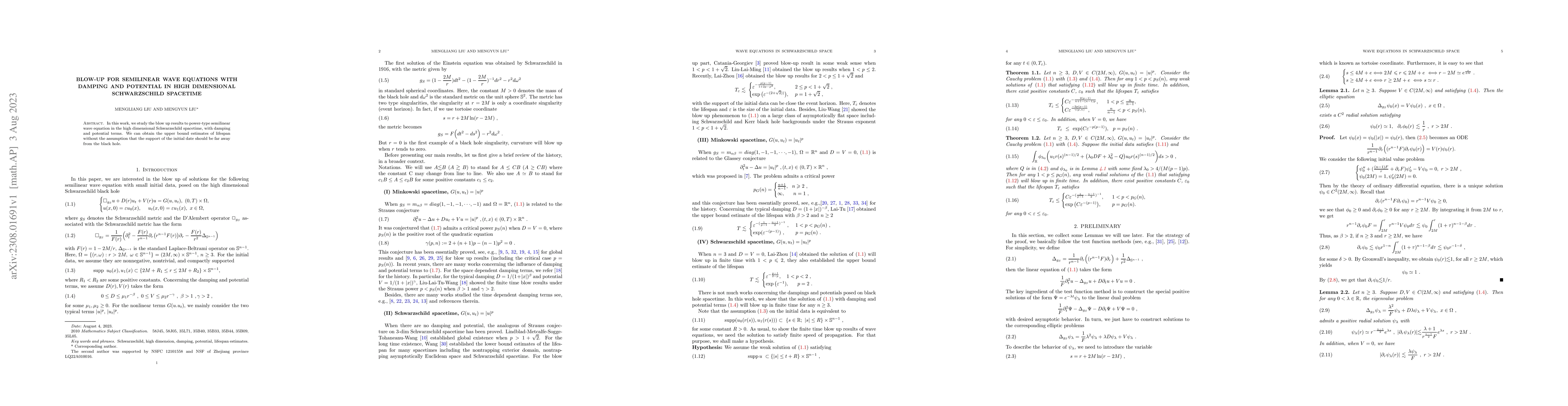 Thumbnail for Blow-up for semilinear wave equations with damping and potential in high
  dimensional Schwarzschild spacetime