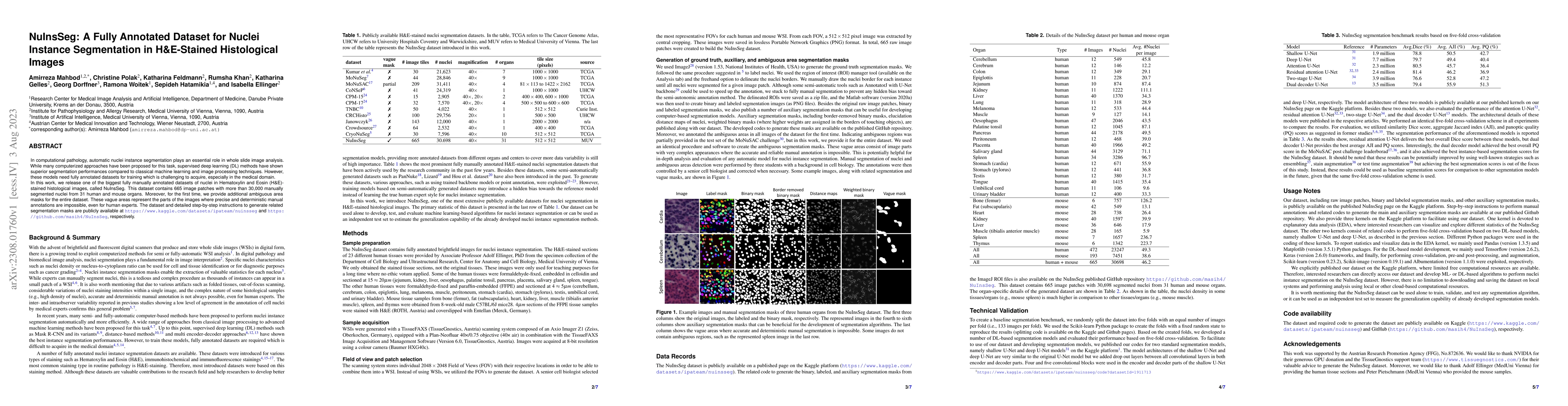 Thumbnail for NuInsSeg: A Fully Annotated Dataset for Nuclei Instance Segmentation in
  H&E-Stained Histological Images