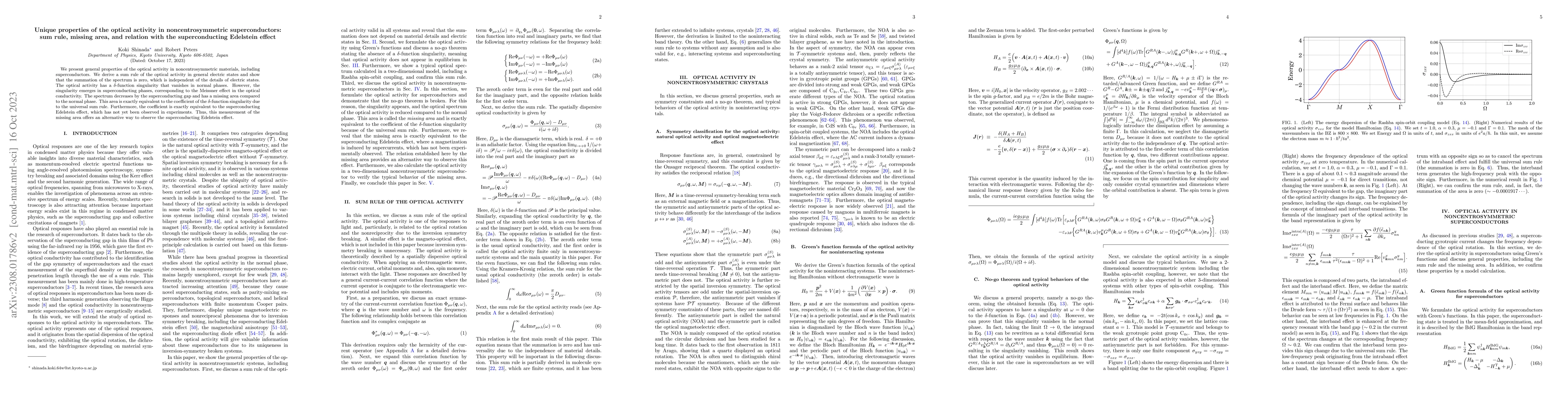 Thumbnail for Unique properties of the optical activity in noncentrosymmetric
  superconductors: sum rule, missing area, and relation with the
  superconducting Edelstein effect