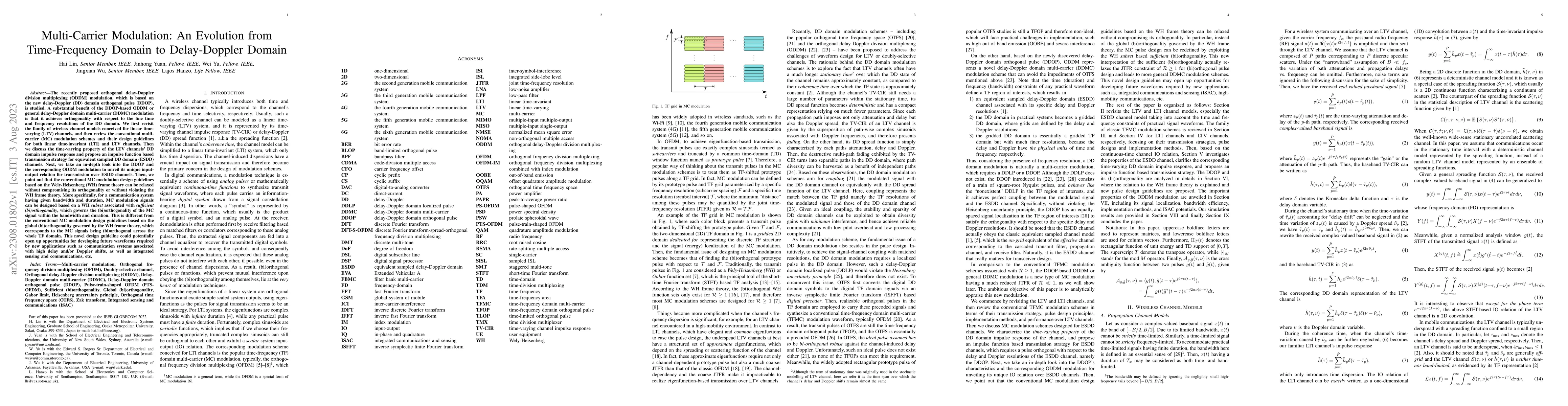 Thumbnail for Multi-Carrier Modulation: An Evolution from Time-Frequency Domain to
  Delay-Doppler Domain