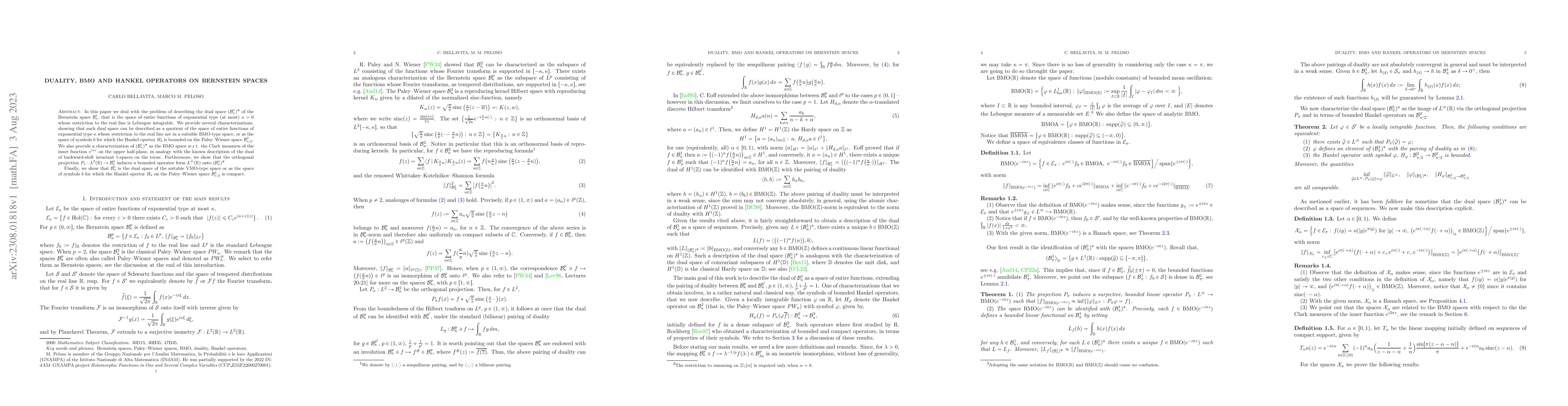 Thumbnail for Duality, $BMO$ and Hankel operators on Bernstein spaces