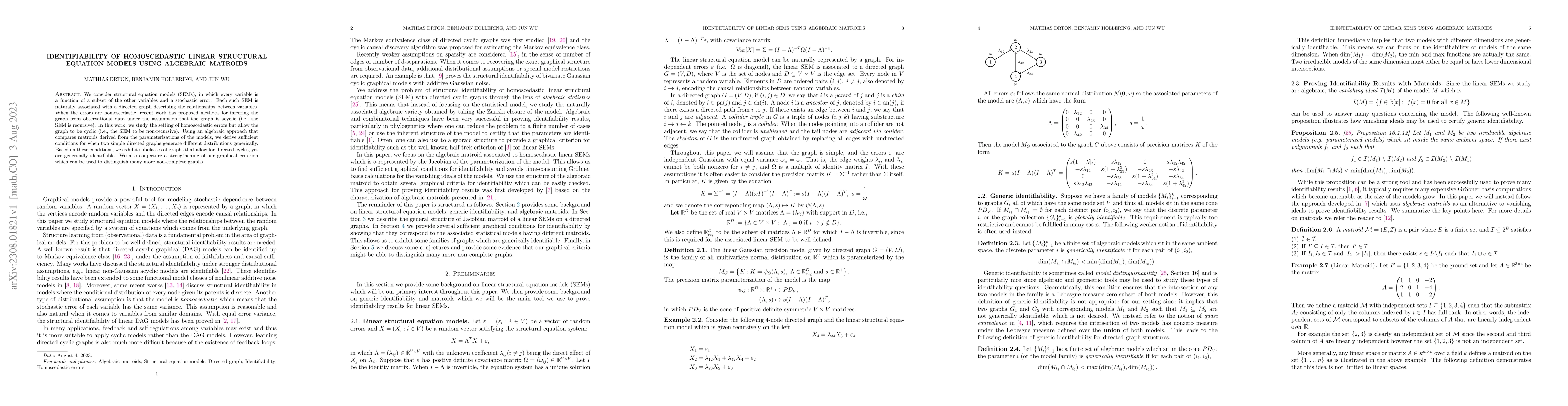 Thumbnail for Identifiability of Homoscedastic Linear Structural Equation Models using
  Algebraic Matroids